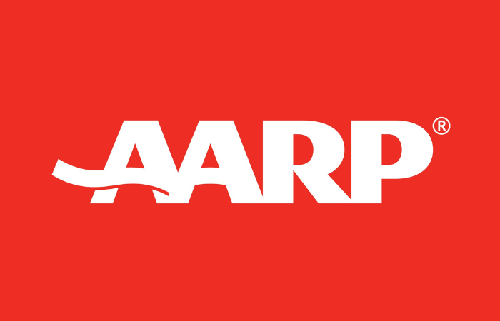 AARP logo in white on a red background