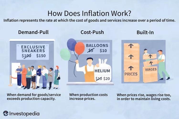 Image depicting how inflation works by explaining the different kinds, such as Demand-Pull, Cost-Push, and Built-in.